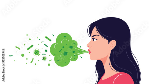 Profile view of a woman with a cloud of green smoke containing germs and bacteria coming from her mouth to represent bad breath.