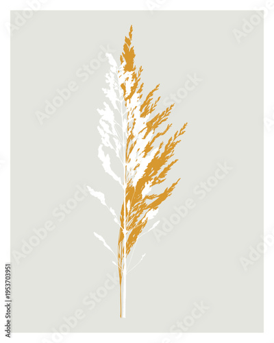 Minimalist Botanical Illustration of Dried Pampas Grass with Mustard Yellow and White Reed Silhouette on Neutral Background. Wall art.