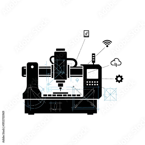 Advanced CNC machining center with digital connectivity and industrial automation icons