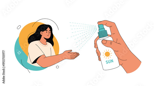 Close-up of a hand holding a sunscreen spray bottle and applying it to a woman to protect her skin from summer sun exposure.