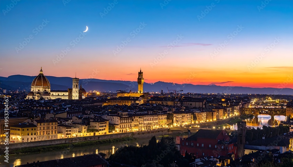 Fototapeta premium Italian city skyline at dusk with moon and vibrant sunset