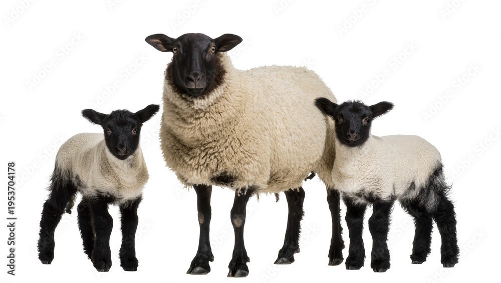 Fototapeta premium Adult sheep with two adorable lambs standing together, isolated on transparent background PNG, farm animal family portrait
