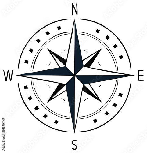 Simple graphic illustration of a compass rose with North South East West directions for navigation and orientation