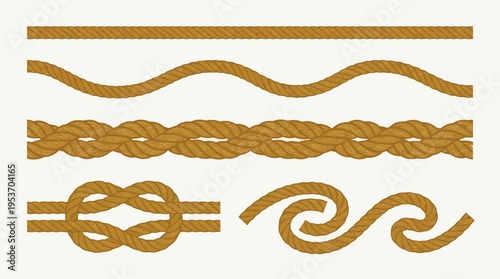 Various brown rope designs and patterns including straight, wavy, braided, knotted, and decorative wave shapes on a light background.