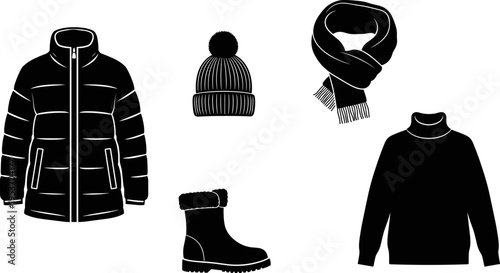 Vector set of black winter clothing icons including a warm puffer jacket, pom-pom beanie hat, wool scarf, fur-lined boots, and a turtleneck sweater on white background.