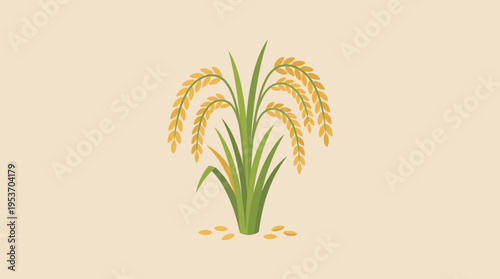 Stylized illustration of a vibrant rice plant with golden grains and green stalks, standing on a light beige background with scattered rice seeds.