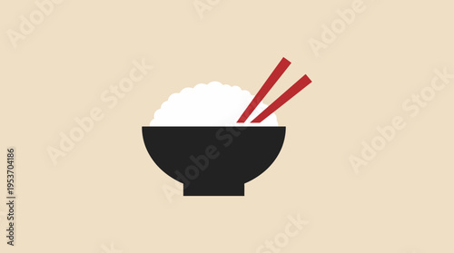 A simple flat illustration of a black bowl filled with white rice and red chopsticks on a beige background.