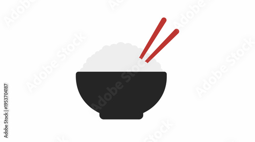 A simple graphic illustration of a black bowl filled with white rice and red chopsticks.