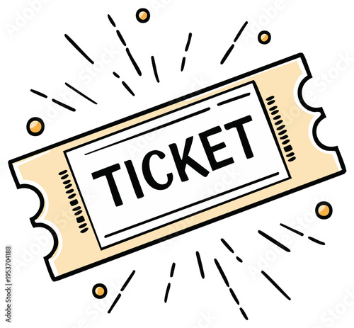 Retro ticket graphic with burst lines and circles symbolises event entry and celebration