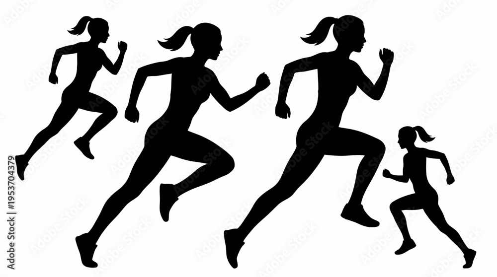 Fototapeta premium Silhouettes of four female athletes running with dynamic motion and speed, depicting a race or training session.