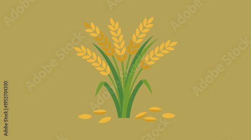 Stylized illustration of golden wheat or rice stalks with ripe grains and scattered seeds on a muted background, representing agriculture and harvest.