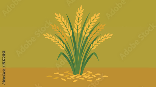 Stylized illustration of golden rice plants with ripe grains and scattered seeds on an earthy background.