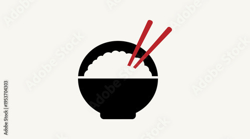 A minimalist graphic illustration featuring a black bowl filled with white rice and two red chopsticks resting on its rim, set against a light background.