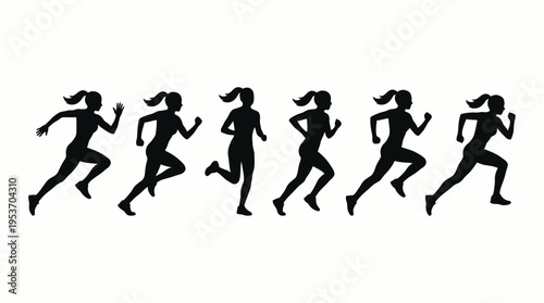 Six black silhouettes of women running in various stages of motion on a white background, depicting athletic activity and movement.