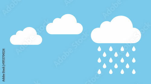 Simple illustration of a light blue sky with white clouds, one of which is raining.