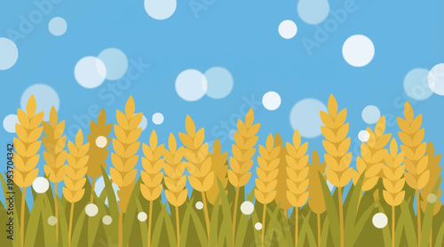 A stylized illustration of a golden wheat field under a blue sky with bokeh effects, depicting a serene agricultural landscape.