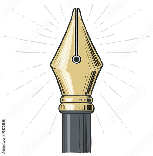 Vintage gold fountain pen nib illustration with radiating lines for writing and calligraphy