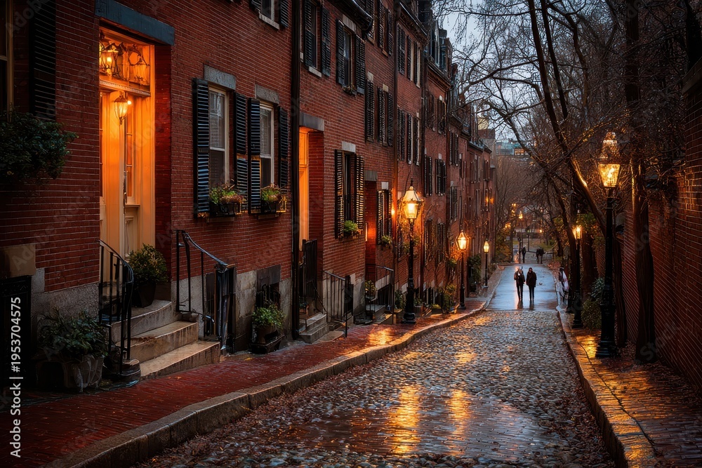 Fototapeta premium Quiet Cobblestone Lane on Beacon Hill: Red Brick Facades, Wrought-Iron Railings, and Evening Light