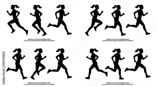 Multiple black silhouettes of a woman running in various stages of a stride, depicting a dynamic animation sequence.