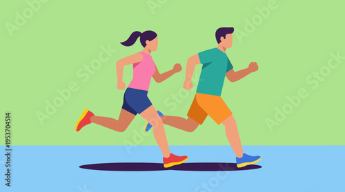 An illustration of a man and a woman running together, depicting fitness and an active lifestyle.