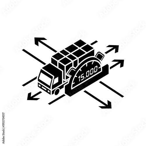 Black and white illustration of a delivery truck with a 15,000 km odometer reading