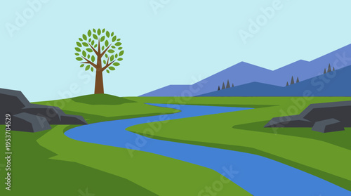 A vibrant, stylized landscape illustration featuring a winding blue river flowing through green hills, with a solitary tree and distant purple mountains under a clear sky.