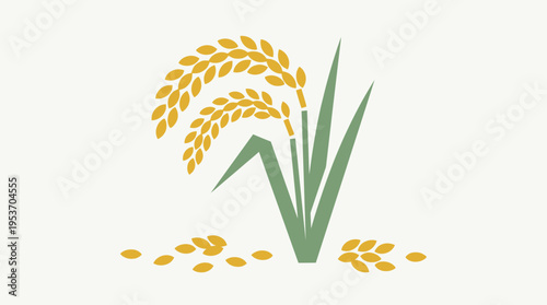 Stylized vector illustration of golden rice stalks with green leaves and scattered grains, symbolizing agriculture and a bountiful harvest.