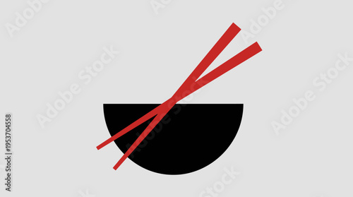 A minimalist graphic illustration of a black bowl with two red chopsticks resting on it, set against a light grey background.