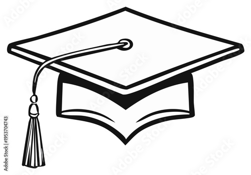 Black and white illustration of graduation cap with tassel, concept for education and academia.