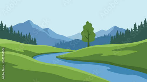 A beautiful stylized landscape illustration featuring a winding river flowing through vibrant green hills with forests and distant blue mountains under a clear sky.