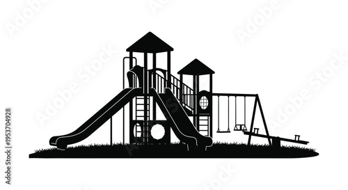 A black silhouette of a playground structure with slides swings and climbing areas evoking childhood joy silhouette high quality professional detailed