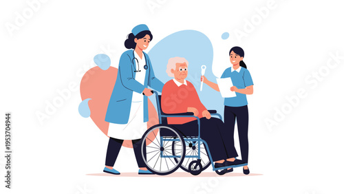 Kind nurse pushing a senior man in a wheelchair while another caregiver follows with medical charts for a hospital checkup.