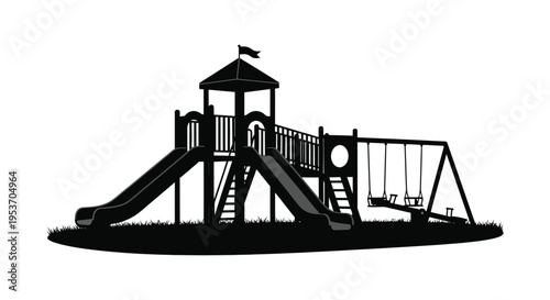 A detailed black and white depiction of a playground structure including slides swings and a tower silhouette high quality professional modern