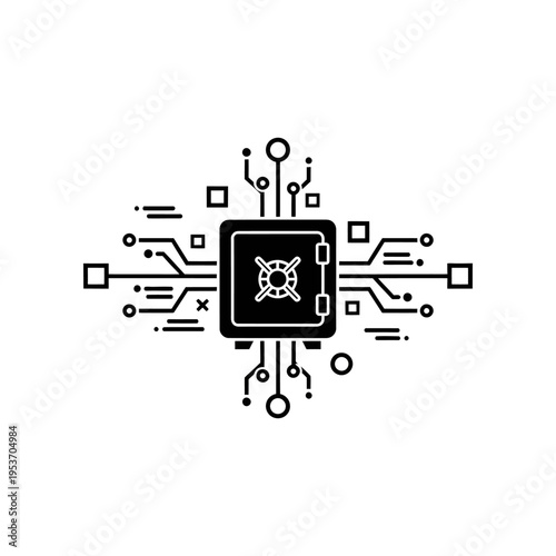 Detailed black and white illustration of a microchip with intricate circuitry design