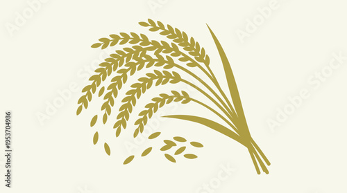 Stylized golden illustration of a bundle of rice stalks with individual grains falling, symbolizing harvest and agriculture.