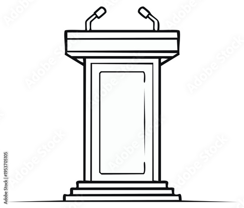 Blank podium stand outline with microphones, speakers lectern for speeches or presentations drawing isolated against white background