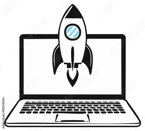 Rocket Launching from Open Laptop Screen Symbolizing Fast Technology Growth and Digital Innovation