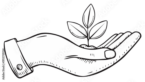 Hand gently holding a delicate plant sprout in soil symbolizing growth and environmental care
