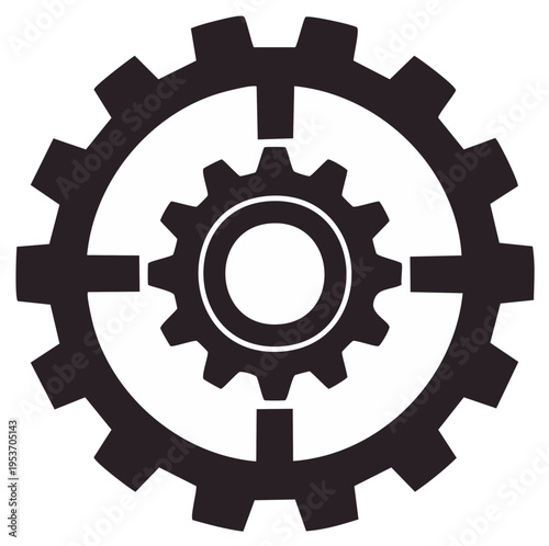 Two interlocking gears or cogs with a black and white design showing teamwork or mechanical engineering.