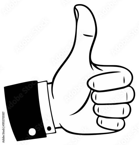 Hand giving thumbs up gesture, approval sign in black and white with jacket sleeve.