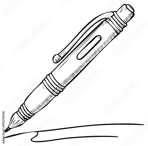 Hand-drawn sketch of a ballpoint pen writing a line on a white background