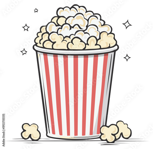 Classic Red and White Striped Popcorn Bucket Filled with Fluffy Popcorn and Scattered Kernels