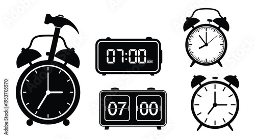 A collection of various timekeeping devices including classic and digital clocks presented in black silhouette high quality professional detailed modern elegant