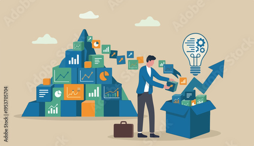 Consolidate report or combine data, integration or connection to get solution success, union, blend join research, collaboration or optimization, hand put data mountain peak graph consolidate in the