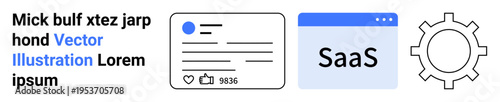 Software as a Service, digital integration, online tools, social interface, technology development, automation. Includes gear icon, SaaS window and social media interface. SaaS and digital