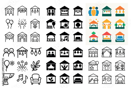 Festival icons with stall balloon curtain outline