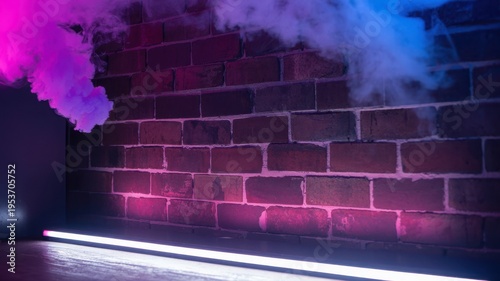 Colorful Smoke Billows Against Textured Brick Wall with Neon Lighting