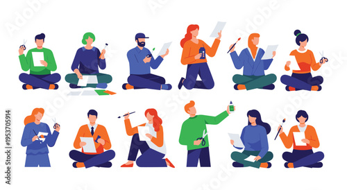 People creating art and paper crafts collection with various creative tools