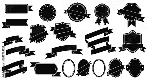 A collection of various black ribbon and badge shapes presented as vector graphics showcasing a bold silhouette high quality professional detailed