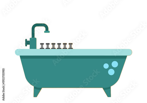 Teal colored bathtub with faucet and bubbles